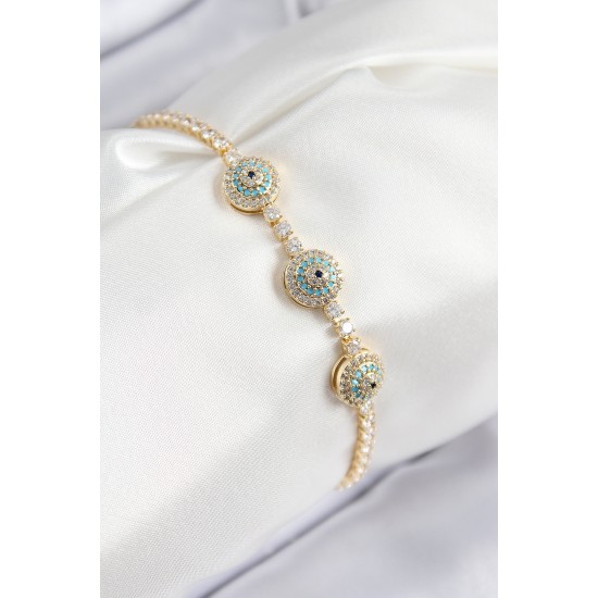Pirinç Zirkon Taşlı Nazar Model Gold Renk Kadın Bileklik - TJ-BB7705