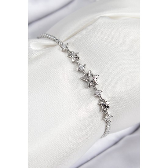 Pirinç Zirkon Taşlı Yıldız Model Gümüş Renk Kadın Bileklik - TJ-BB7706