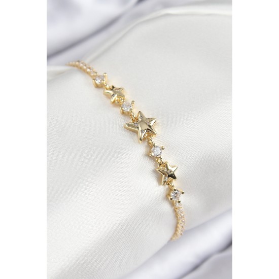Pirinç Zirkon Taşlı Yıldız Model Gold Renk Kadın Bileklik - TJ-BB7707
