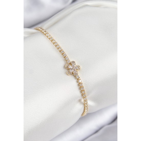 Pirinç Zirkon Taşlı Çiçek Model Gold Renk Kadın Bileklik - TJ-BB7709