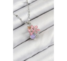 316L Çelik Zirkon Taşlı Arı Detaylı Pembe Çiçek Model Gümüş Renk Kadın Kolye - TJ-BKO10441