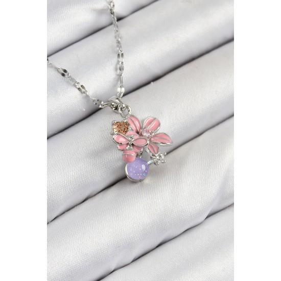 316L Çelik Zirkon Taşlı Arı Detaylı Pembe Çiçek Model Gümüş Renk Kadın Kolye - TJ-BKO10441