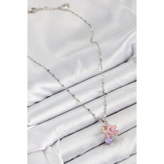 316L Çelik Zirkon Taşlı Arı Detaylı Pembe Çiçek Model Gümüş Renk Kadın Kolye - TJ-BKO10441