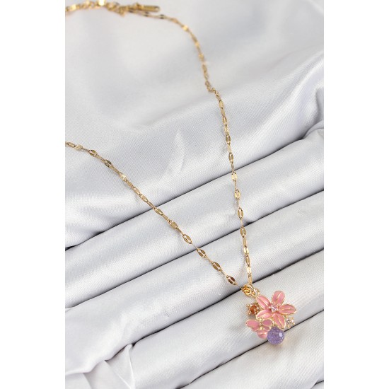 316L Çelik Zirkon Taşlı Arı Detaylı Pembe Çiçek Model Gold Renk Kadın Kolye - TJ-BKO10442