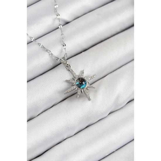 316L Çelik Zirkon Taşlı Kutup Yıldızı Model Gümüş Renk Kadın Kolye - TJ-BKO10443