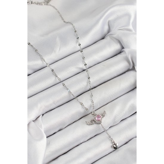 316L Çelik Zirkon Taşlı Melek Kanadı Detaylı Kalp Model Gümüş Renk Kadın Kolye - TJ-BKO10445