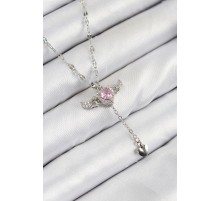 316L Çelik Zirkon Taşlı Melek Kanadı Detaylı Kalp Model Gümüş Renk Kadın Kolye - TJ-BKO10445