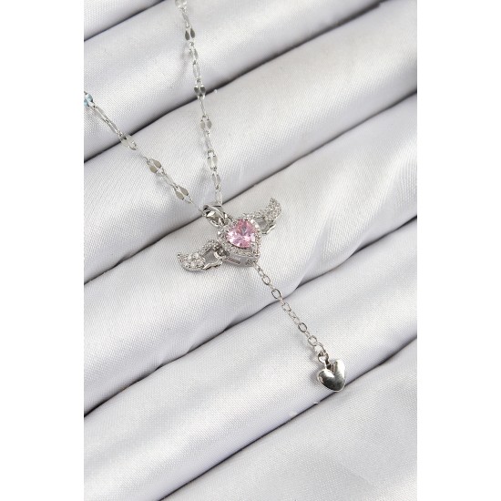 316L Çelik Zirkon Taşlı Melek Kanadı Detaylı Kalp Model Gümüş Renk Kadın Kolye - TJ-BKO10445