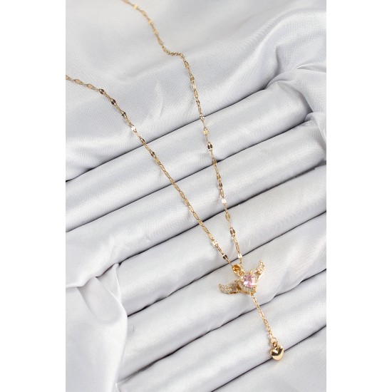 316L Çelik Zirkon Taşlı Melek Kanadı Detaylı Kalp Model Gold Renk Kadın Kolye - TJ-BKO10446