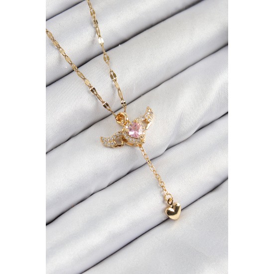 316L Çelik Zirkon Taşlı Melek Kanadı Detaylı Kalp Model Gold Renk Kadın Kolye - TJ-BKO10446