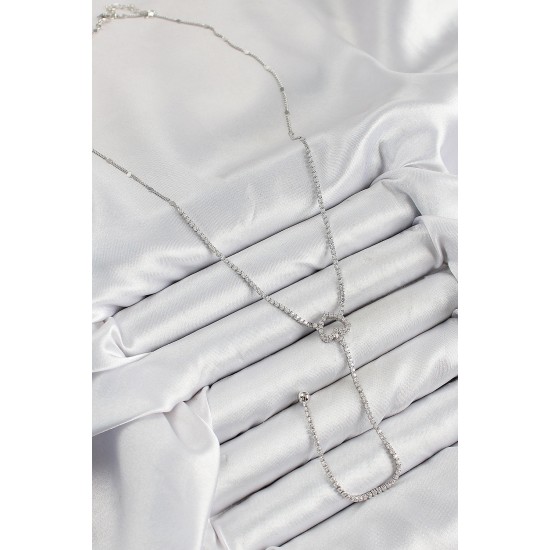 Pirinç Zirkon Taşlı Kalp Model Gümüş Renk  Y Kolye - TJ-BKO10447