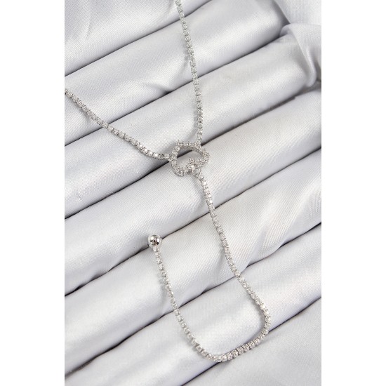 Pirinç Zirkon Taşlı Kalp Model Gümüş Renk  Y Kolye - TJ-BKO10447