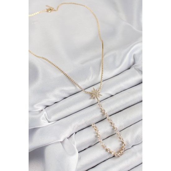 Pirinç Zirkon Taşlı Kutup Yıldızı Model Gümüş Renk Y Kolye - TJ-BKO10448