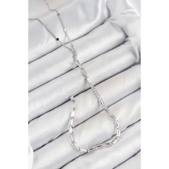 Pirinç Zirkon Taşlı Model Gümüş Renk Y Kolye - TJ-BKO10451