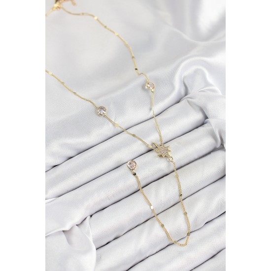 Pirinç Zirkon Taşlı Kutup Yıldızı Model Gold Renk Y Kolye - TJ-BKO10452