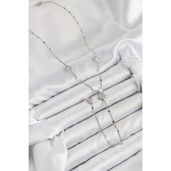 Pirinç Zirkon Taşlı Kutup Yıldızı Model Gümüş Renk Y Kolye - TJ-BKO10453