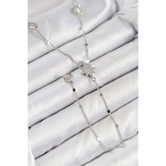 Pirinç Zirkon Taşlı Kutup Yıldızı Model Gümüş Renk Y Kolye - TJ-BKO10453