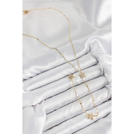 Pirinç Zirkon Taşlı Yıldız Model Gümüş Renk Y Kolye - TJ-BKO10454