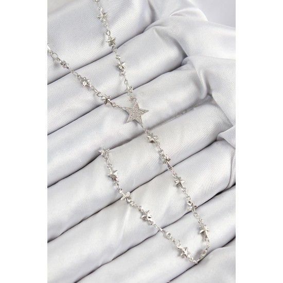 Pirinç Zirkon Taşlı Yıldız Model Gümüş Renk Y Kolye - TJ-BKO10458