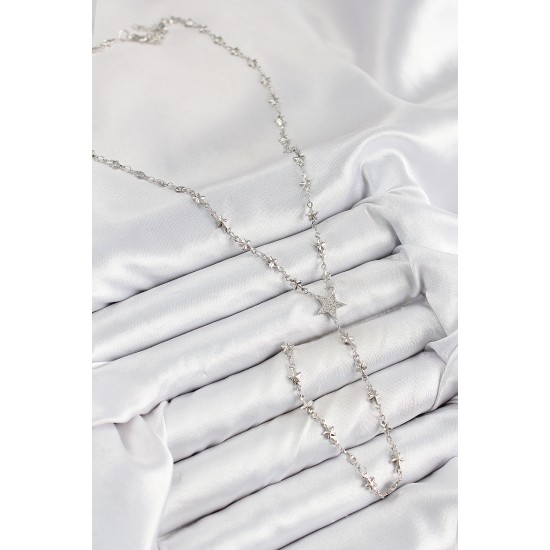 Pirinç Zirkon Taşlı Yıldız Model Gümüş Renk Y Kolye - TJ-BKO10458