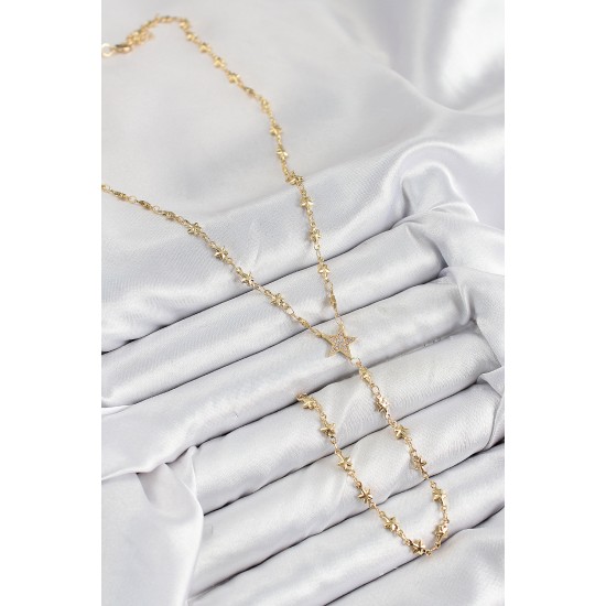 Pirinç Zirkon Taşlı Yıldız Model Gold Renk Y Kolye - TJ-BKO10459