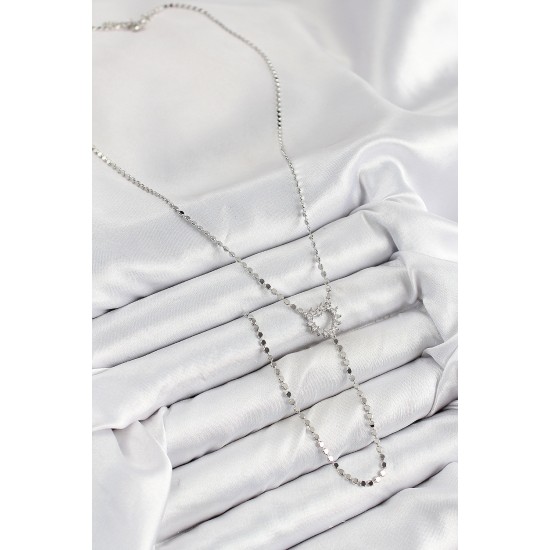 Pirinç Zirkon Taşlı Ezme Zincirli Kalp Model Gümüş Renk Y Kolye - TJ-BKO10460