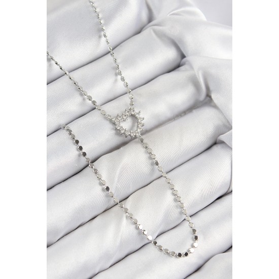 Pirinç Zirkon Taşlı Ezme Zincirli Kalp Model Gümüş Renk Y Kolye - TJ-BKO10460