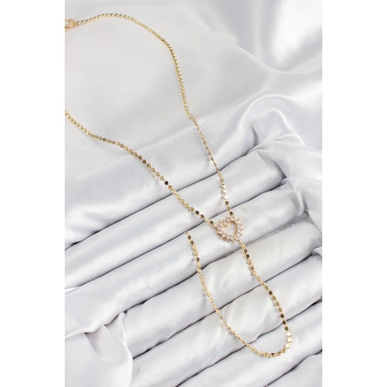 Pirinç Zirkon Taşlı Ezme Zincirli Kalp Model Gold Renk Y Kolye - TJ-BKO10461