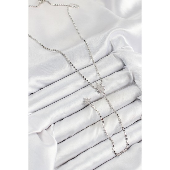 Pirinç Zirkon Taşlı Ezme Zincirli Kutup Yıldızı Model Gümüş Renk Y Kolye - TJ-BKO10462