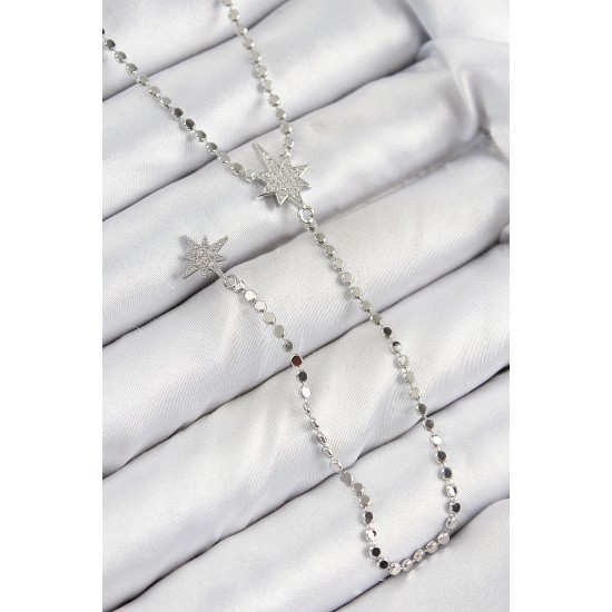 Pirinç Zirkon Taşlı Ezme Zincirli Kutup Yıldızı Model Gümüş Renk Y Kolye - TJ-BKO10462