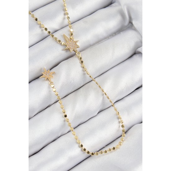 Pirinç Zirkon Taşlı Ezme Zincirli Kutup Yıldızı Model Gold Renk Y Kolye - TJ-BKO10463