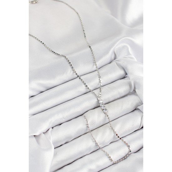 Pirinç Zirkon Taşlı Ezme Zincirli Model Gümüş Renk Y Kolye - TJ-BKO10464