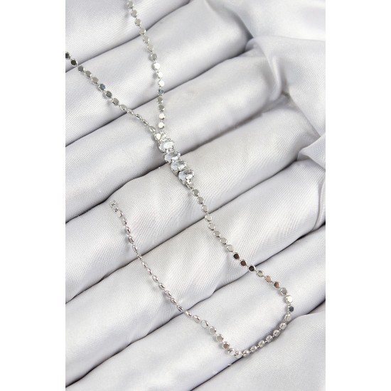 Pirinç Zirkon Taşlı Ezme Zincirli Model Gümüş Renk Y Kolye - TJ-BKO10464