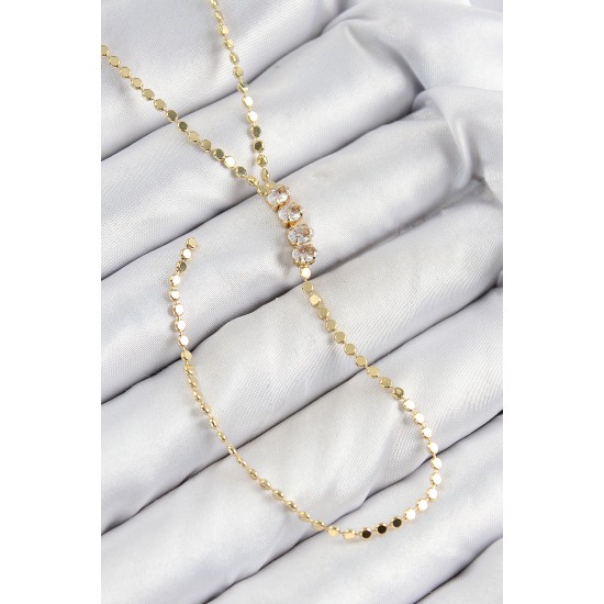 Pirinç Zirkon Taşlı Ezme Zincirli Model Gold Renk Y Kolye - TJ-BKO10465
