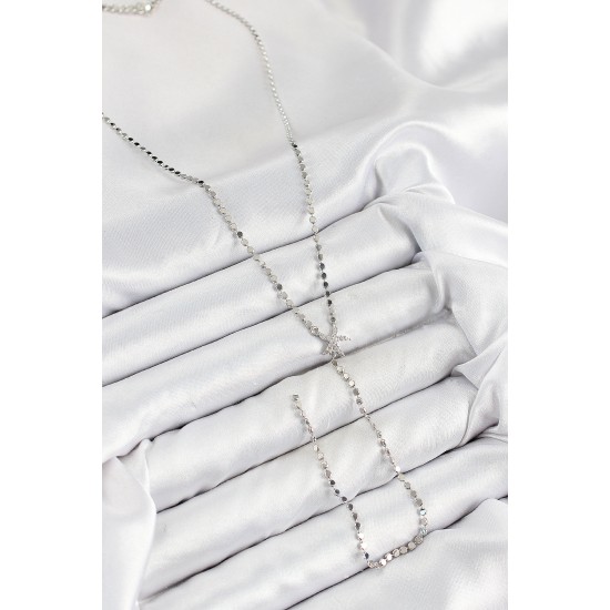 Pirinç Zirkon Taşlı Ezme Zincirli Deniz Yıldızı Model Gümüş Renk Y Kolye - TJ-BKO10466