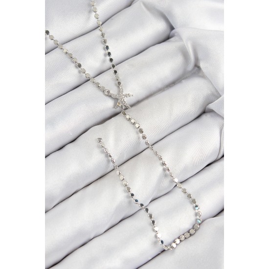 Pirinç Zirkon Taşlı Ezme Zincirli Deniz Yıldızı Model Gümüş Renk Y Kolye - TJ-BKO10466