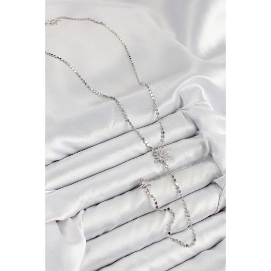 Pirinç Zirkon Taşlı Ezme Zincirli Kutup Yıldızı Model Gümüş Renk Y Kolye - TJ-BKO10468