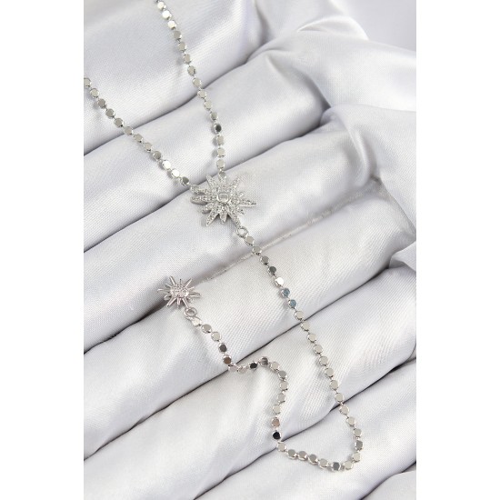 Pirinç Zirkon Taşlı Ezme Zincirli Kutup Yıldızı Model Gümüş Renk Y Kolye - TJ-BKO10468