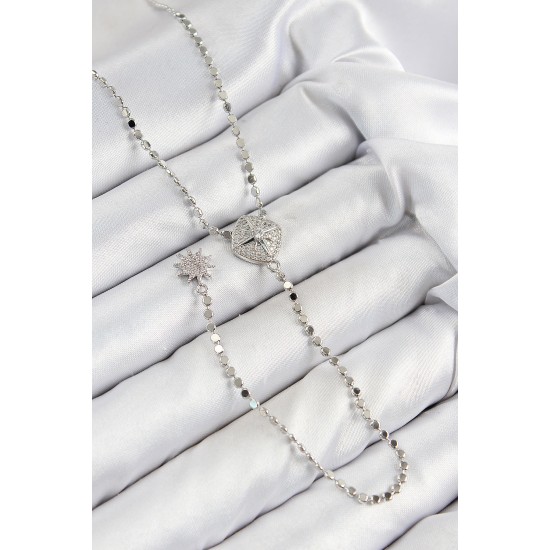 Pirinç Zirkon Taşlı Ezme Zincirli Madalyon Model Gümüş Renk Y Kolye - TJ-BKO10470