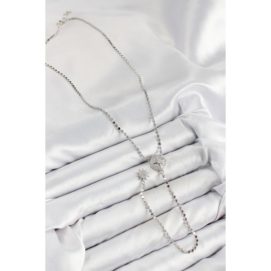 Pirinç Zirkon Taşlı Ezme Zincirli Madalyon Model Gümüş Renk Y Kolye - TJ-BKO10470