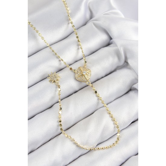 Pirinç Zirkon Taşlı Ezme Zincirli Madalyon Model Gold Renk Y Kolye - TJ-BKO10471