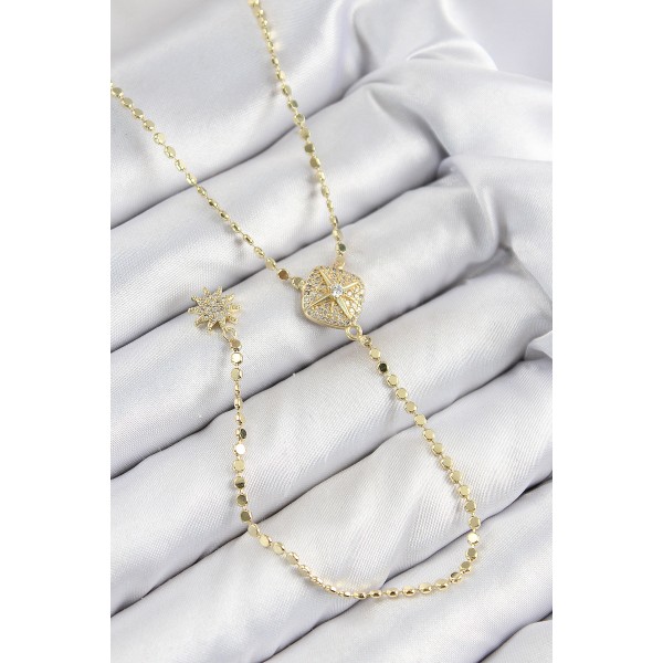 Pirinç Zirkon Taşlı Ezme Zincirli Madalyon Model Gold Renk Y Kolye - TJ-BKO10471