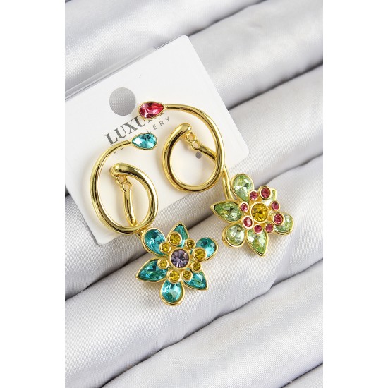 VIP Pirinç Zirkon Taşlı Çiçek Model Gold Renk Kadın Küpe - TJ-BKP11117