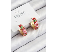 Pirinç Gold Renk Kırmızı Çiçek İşleme Mineli Kadın Küpe - TJ-BKP11118