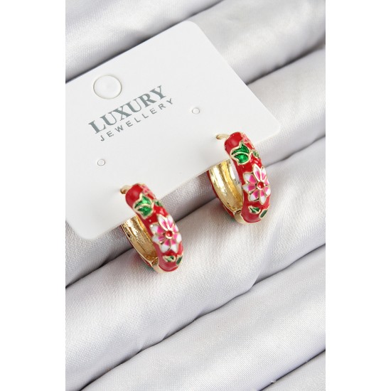 Pirinç Gold Renk Kırmızı Çiçek İşleme Mineli Kadın Küpe - TJ-BKP11118