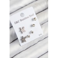 316L Çelik Zirkon Taşlı Deniz Yıldızı Model Gümüş Renk Kadın Set Küpe TJ-BKP11119