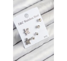 316L Çelik Zirkon Taşlı Deniz Yıldızı Model Gümüş Renk Kadın Set Küpe - TJ-BKP11119
