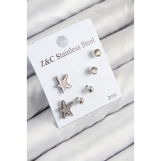 316L Çelik Zirkon Taşlı Deniz Yıldızı Model Gümüş Renk Kadın Set Küpe - TJ-BKP11119