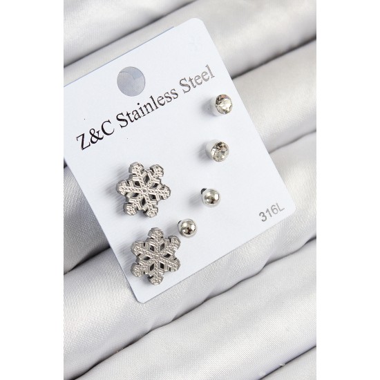 316L Çelik Zirkon Taşlı Kar Tanesi Model Gümüş Renk Kadın Set Küpe - TJ-BKP11121