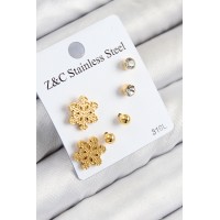 316L Çelik Zirkon Taşlı Kar Tanesi Model Gold Renk Kadın Set Küpe TJ-BKP11122